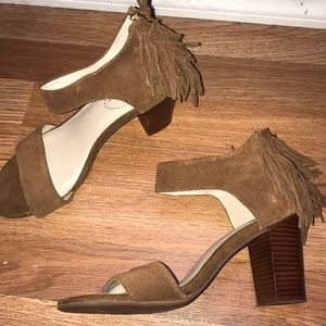 Size 8 1/2 block heeled camel fringe sandal
